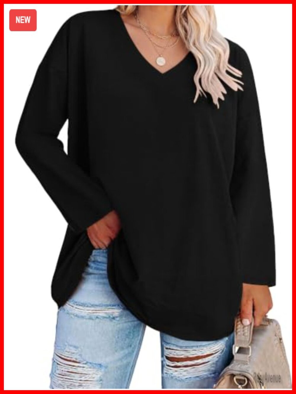 Plus Size Long Sleeve V Neck Oversized T Shirt Loose Fit Tee